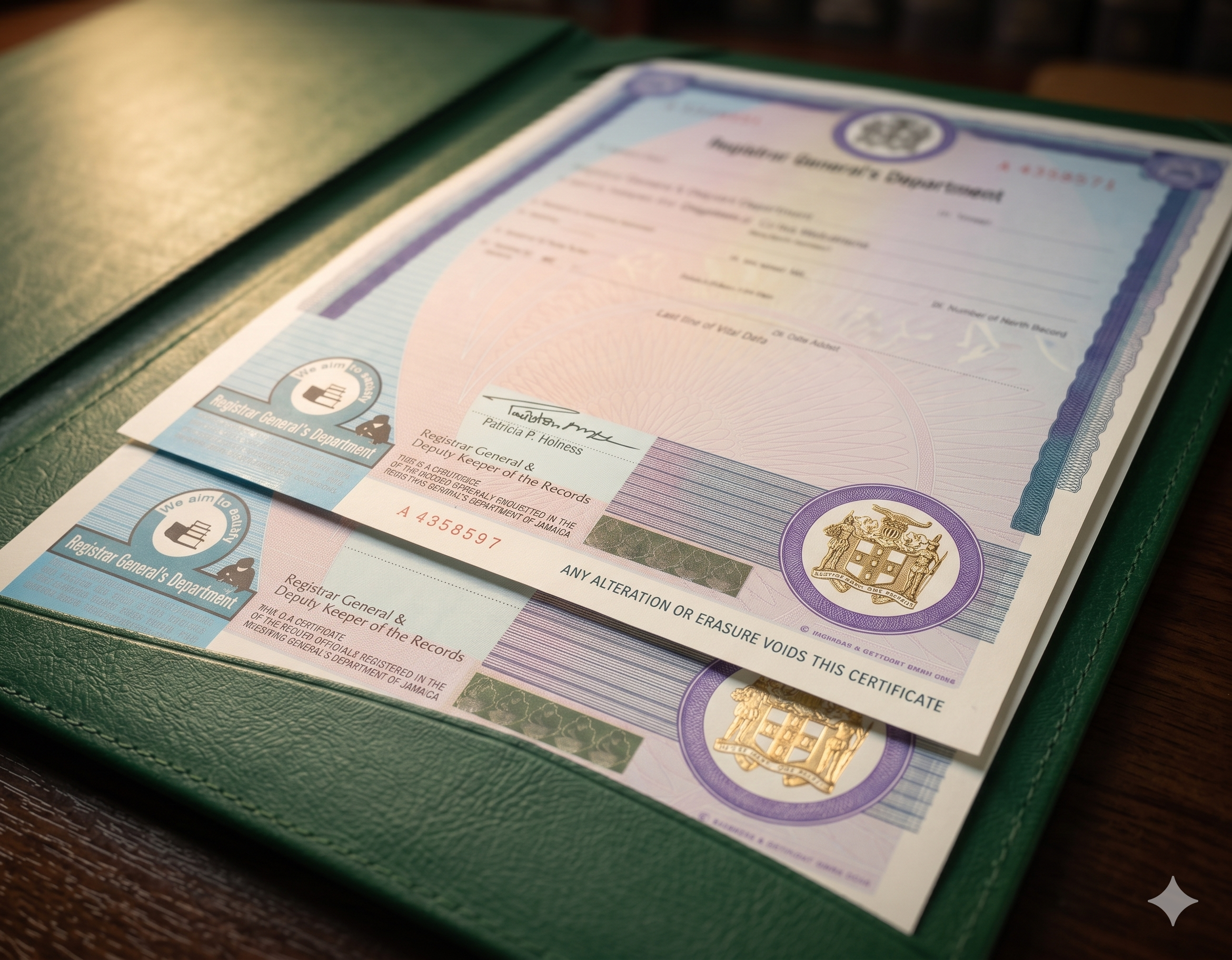 Official Jamaican government Vital Records on security paper