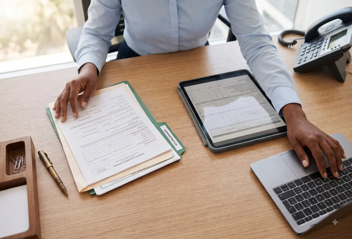 Docu-Hub Operations administrative proxy processing official documents at a desk